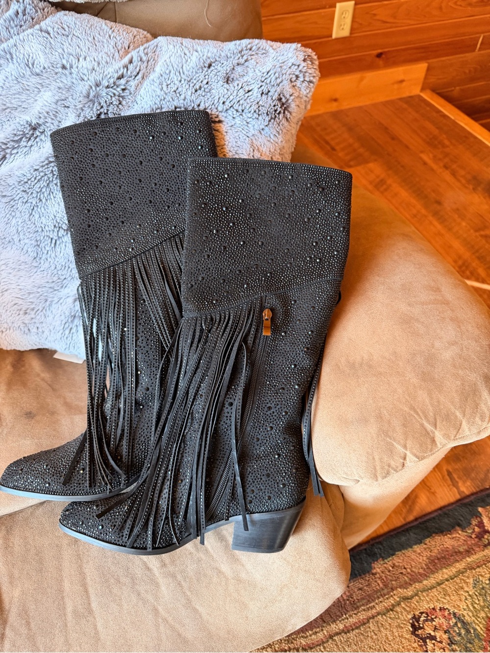 Black Mid-Calf Fringe Heeled Boots with Stud Accents